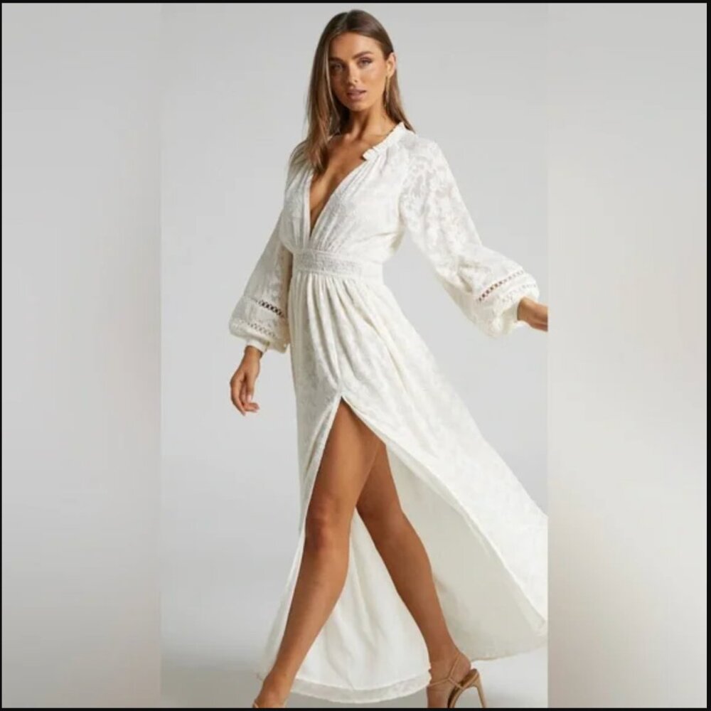Showpo ABELLITA MIDI DRESS - PLUNGE NECK BISHOP SLEEVE BRODERIE TRIM DRESS